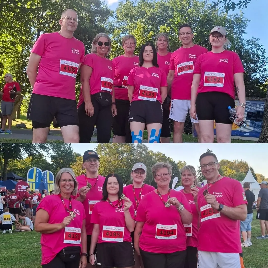Mehrere Mitarbeitende von Praxis Swyter stehen in pinken Shirts mit Startnummern beim Firmenlauf 2026.